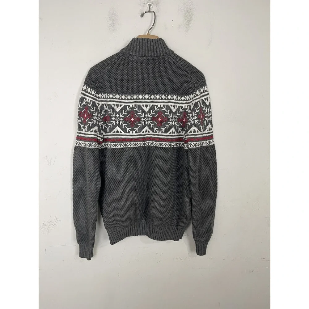 IZOD Mens Sweater Large Fair Isle 1/4 Zip Pullover Chunky Grey Holiday Christmas